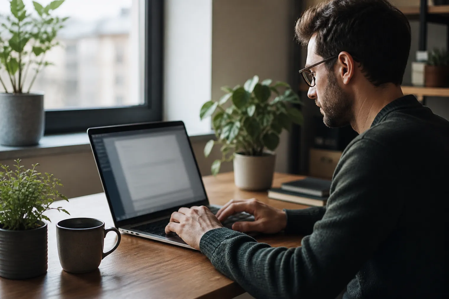 Eine Person, die eine verschlüsselte E-Mail in einem modernen Home-Office sendet.