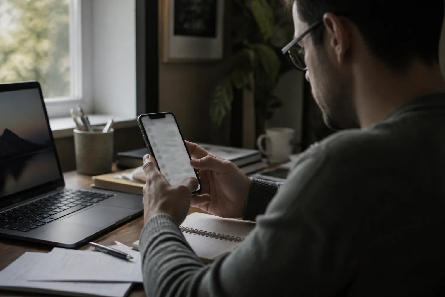 Eine Person verwendet eine sichere Messaging-App auf ihrem Smartphone am Schreibtisch.
