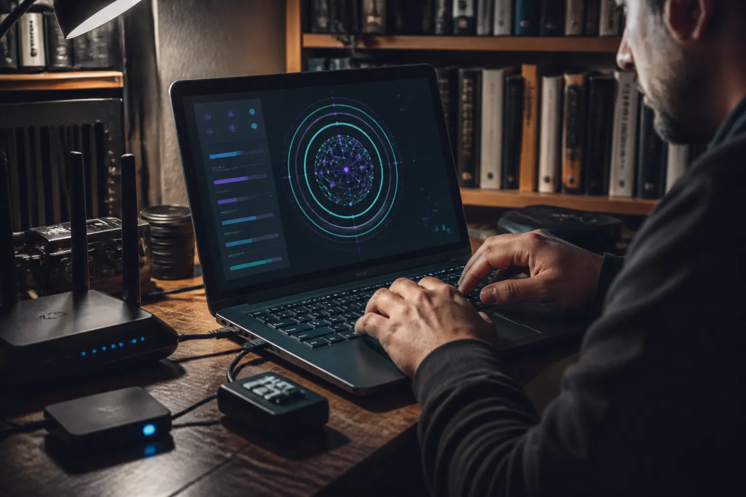 Eine Person konfiguriert den Tor-Browser auf einem Laptop in einem gemütlichen Raum.